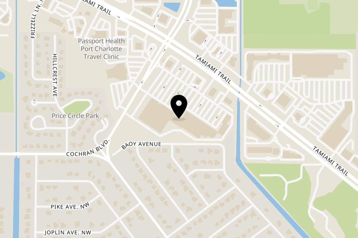 Map showing the location of Finnegan’s Grille and Pub on 1825 Tamiami Trail in Port Charlotte